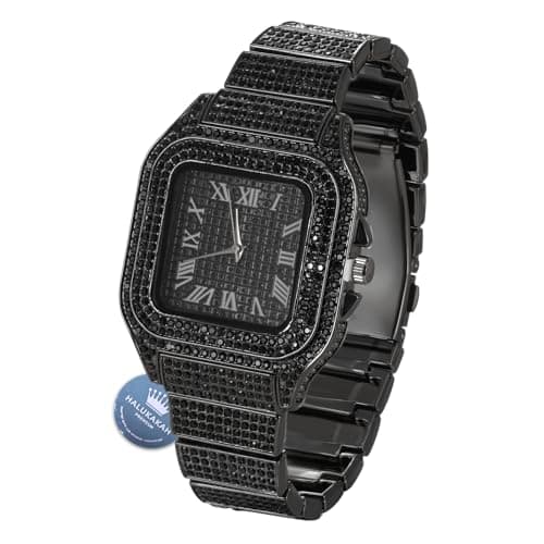 Image of HALUKAKAH Diamonds Gold Watch Iced Out,Men's Rhodium Black Plated 40MM Width Square Dial Quartz Wristband 24cm,Free Giftbox