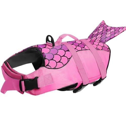 Image of Voarge Dog Life Vest, Swimming Float Jacket Adjustable, Dog Life Jacket for Small, Medium, Large Dogs with Rescue Handle Flotation Vest (Pink mermaid, M)
