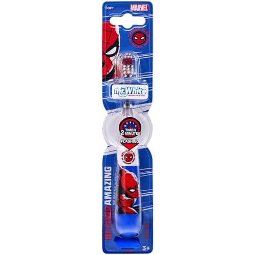 Image of Marvel Spiderman Kids LED Toothbrush with 2 Minute Flashing Light Timer, Soft Bristles, Non-Slip Handle & Suction Cup for Children Aged 3-14 Years Old, BPA-Free & Non-Toxic Kids Light Up Toothbrush