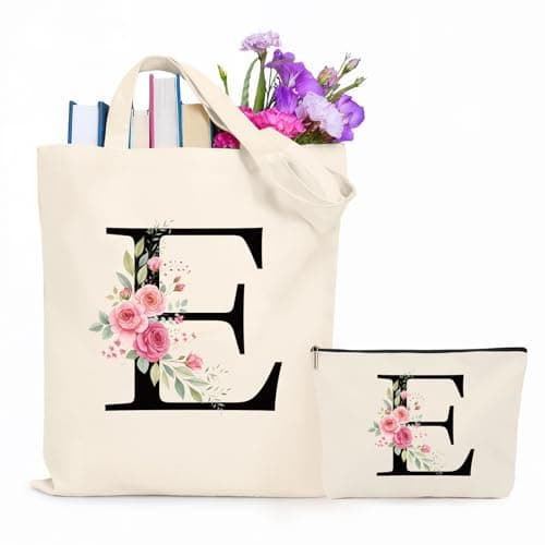 Image of Jersries Floral Initial Canvas Bag Gifts for Women - Personalised Tote Bag & Make Up Bag Set for Bridesmaids Favours Christmas Graduation Gift for Her Teacher Girls Teens Friend Sister (E)