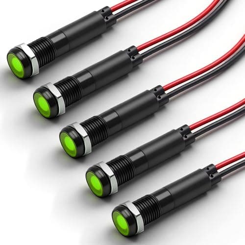Image of FILN 5PCS 8mm 12V 24V DC LED Metal Indicator Lamp, CE RoHS Waterproof IP67 Pilot Warning Light with Wire for Car Dashboard, Marine Boat, Caravan, Control Panel (Green Lamp)