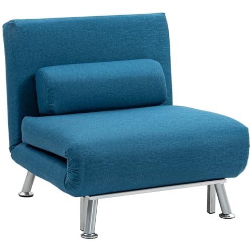 Image of HOMCOM Single Sofa Chair Bed, Linen Fabric 3-in-1 Convertible Sleeper Chair with 5-Position Adjustable Backrest, 75cm Wide Seat, Pillow for Living Room, Bedroom, Blue