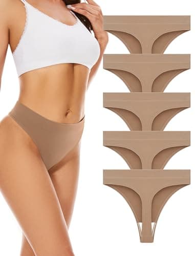 Image of VOENXE Seamless Underwear Thongs for Women,High Waisted No Vpl Knickers,High Rise No Show Ladies Workout Brazilian Tanga,Breathable Gym Sports Panties Multipack,Comfortable Soft Stretchy Undies,5-Pack