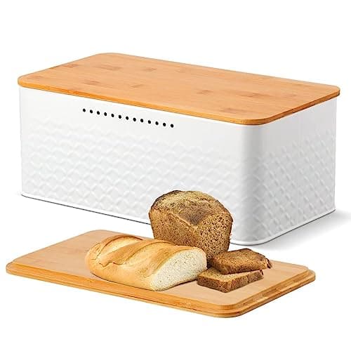 Image of Chuboir Bread Bin, Metal Bread Box with Bamboo Lid Usable as Cutting Board, Bread Storage Container Holder for Kitchen Countertop, 13 x 7 x 5.3 inch (White)