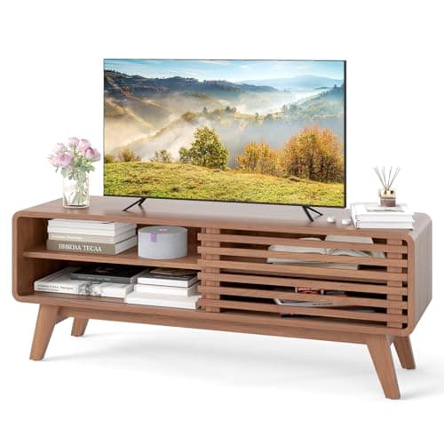 Image of COSTWAY TV Stand Cabinet for 55 Inch TVs, Media Entertainment Center with Sliding Door, Adjustable Shelves & Rubber Wood Legs, Mid-Century Modern TV Unit Console Table for Living Room Bedroom, Walnut