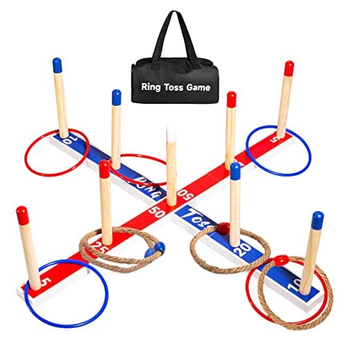 Image of U&C Planet Large Quoits,Wooden Ring Toss Game for Kids and Adults,10 Pcs Ropes &10 Pcs Plastic Rings with Carry Bag, Throwing Tossing Game for Family,Party Toss Game