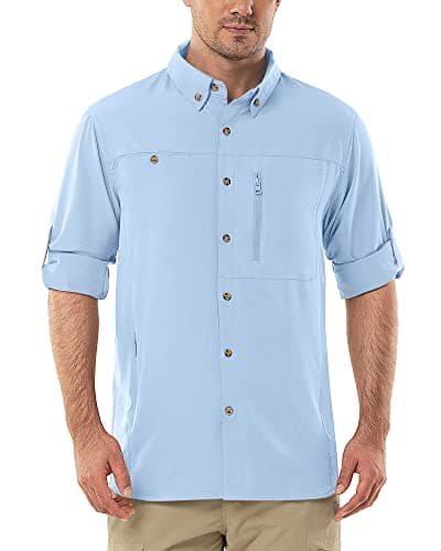Image of Outdoor Ventures Men's Long Sleeve Safari Shirt UV Protection Hiking Shirts Quick Drying Roll-Up Button Down Shirts with 3 Pockets for Walking Fishing Light Blue M
