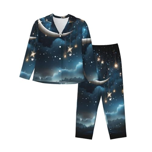 Image of LKTPSKQRY Women Pajama Set Long Sleeve Sleepwear Button Down Pjs Nightsky Hanging Moon Stars Lounge Set Cute Nightwear 2XL Black