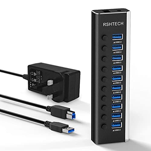 Image of RSHTECH Powered USB 3.0 Hub Aluminum 10 Port USB 3.0 Data Hub with 12V/3A (36W) Power Adapter and Individual On/Off Switches & LED (RSH-A10)