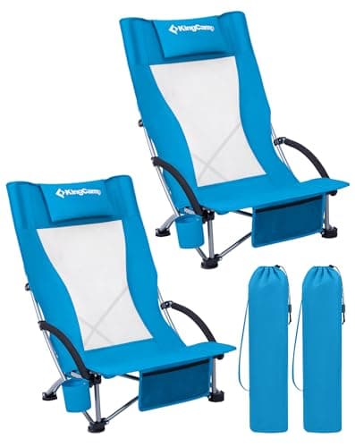 Image of KingCamp 2 Pack Portable Folding Beach Chair Max Load 180kg Lightweight Folding Beach Camping Chair with Mesh High Back and Low Seat Blue