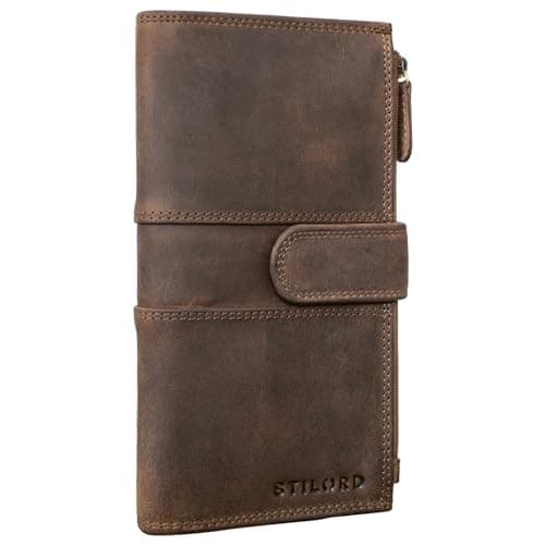 Image of STILORD "Alyssa" Leather Mobile Phone Wallet with RFID Protection Womens Vintage Wallet Large Anti Theft Card Holder in Gift Box Ideal for 6.1 inch iPhone 13 Genuine Leather Colour:Middle Brown