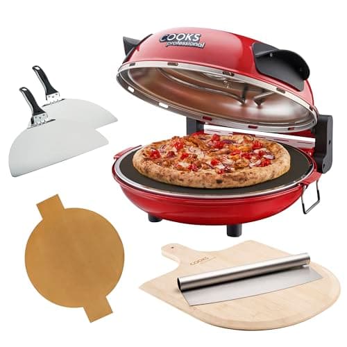Image of Cooks Professional Electric Pizza Oven with Bamboo Board, Cutter, 31cm Stone Base, Glass Window, Timer, Stainless Steel Paddles & Baking Sheet | Portable Countertop Pizza Maker Machine 1200W | Red