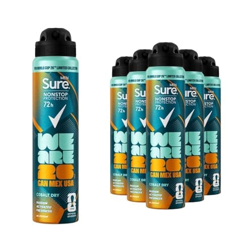 Image of Sure Men Nonstop Protection Anti-Perspirant Deodorant Aerosol 250 ml, 6 Pack - FIFA Limited Collection Cobalt Dry Scent, 72H Extreme Sweat & Odour Protection with MotionSense Technology