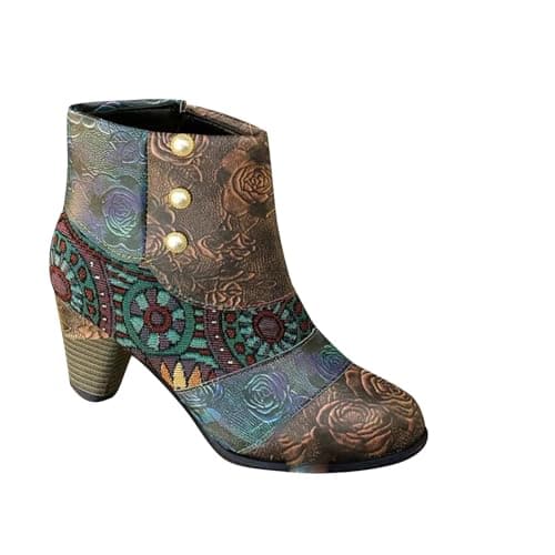 Image of AEGJEGVD Womens Boots Clearance,Ladies Ankle Boots Today's Deals,Winter Retro Ethnic Wind Heel Mini Side Zipper Boots Stitching Leather Boots Comfortable Casual Walking Shoes UK Size 3.5-7.5