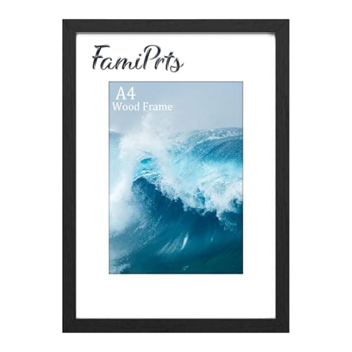 Image of FamiPrts A4 Frame, Wooden A4 Picture Frames, Versatile Black A4 Frame, Dual Orientation (Landscape/Portrait), Includes Stand & Wall Hooks - Wall Mount or Tabletop for Home, Office, Gallery