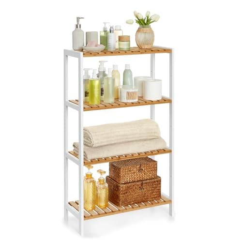 Image of SONGMICS Bamboo Storage Shelf, 4-Tier Shelving Unit, Multifunctional, in the Hallway, Bathroom, Living Room, Balcony, Kitchen, 26 x 60 x 100 cm, White and Natural BCB034N01