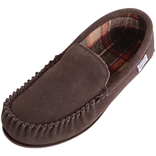 Image of SNUGRUGS Leo Mens Suede Loafer Moccasin Slippers with Checked Cotton Inner and Rubber Sole (UK 9, Brown, numeric_9)