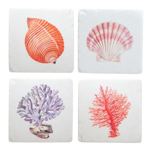 Image of Sass & Belle Vintage Sea Coasters - Set of 4 Nautical Style Table Coasters with Ocean Shell & Coral Design, Ideal for Coffee Cups and Mugs, Stylish Table Decor for Coastal Homes