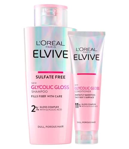 Image of L'Oréal Paris Elvive Glycolic Gloss 200ml Shampoo + 150ml Conditioner with Glycolic Acid for Porous and Dull Hair - 2 Bottles