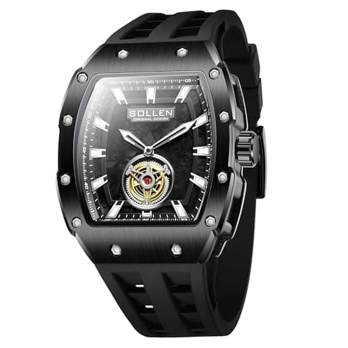 Image of SOLLEN Men's Black Tonneau Watch, Quartz Analog Mens Wristwatch with Luminous Hands, Silicone Strap, 30M Water Resistant, Casual Watches for Formal, Sport & Daily Use, Luxury Gift for Men