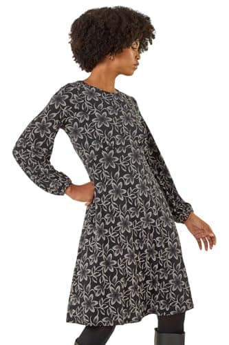 Image of Roman Women Gathered Chest Dress Ladies Stretchy Fit & Flare Swing Tea A Line Skater Knee Length Long Sleeve Midi Smart Casual Work Going Out Cocktail Party - Noir - Size 10