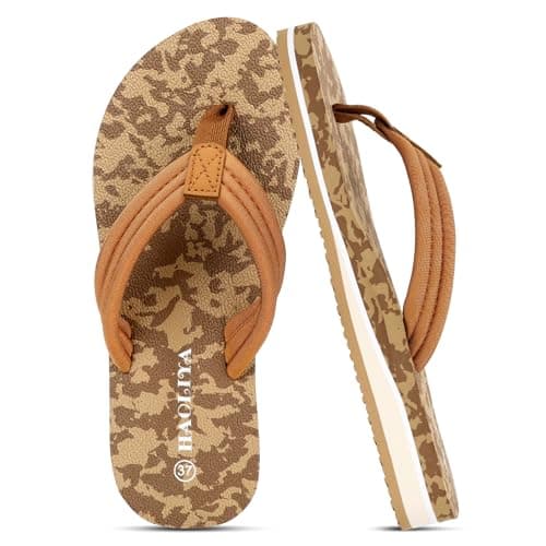 Image of HAOLIRA Flip Flops for Women Comfortable Lightweight Arch Support Walking Thong Sandals Non-Slip Summer Ladies Slip On Beach Pool Slippers (Camouflage Yellow 38/UK 5)