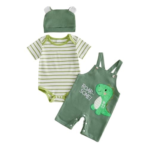Image of XIXIMAON Newborn Baby Boy Two Piece Outfits Short Sleeve Striped Rompers Cute Animal Letter Embroidery Dungaree Shorts Set Bear Hat 0-18M Summer Clothes (Army Green, 0-3 Months)