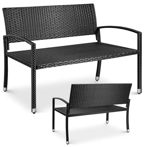 Image of LIFERUN Rattan Garden Bench, 2 Seater Outdoor Wicker Bench with Adjustable Feet, Weatherproof PE Garden Loveseat for Patio, Balcony, Terrace, Park, 320kg Capacity, Double-Sided Rattan (Black)