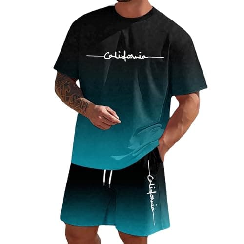 Image of Generisch Men's Jogging Suit, Short 2-Piece Comfortable T-Shirt & Shorts Set, Cotton Mix, Oversized Street Print, Breathable, Sports, Leisure Outfit for Training, Streetwear, Travel, Dark blue-3, L