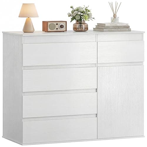 Image of HOMCOM Modern Chest Of Drawers, 5 Drawer Dresser with Cabinet, Adjustable Shelf, Soft-Close Door, Storage Unit for Bedroom, Living Room, White