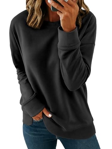 Image of SMENG Ladies Sweatshirts Solid Color Long Sleeve Sweatshirts Lightweight Cosy Pullover Crew Neck Womens Tops Black XXL