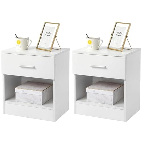 Image of GALER Small Bedside Table, 2PCS White Bed Side Table for Bedroom, Bedside Cabinet with Drawer, Handle & Open Compartment, End Table Nightstand Storage Tables for Bedroom & Living Room