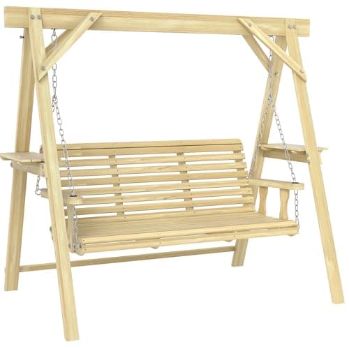 Image of Outsunny 3 Seater Garden Swing Seat, Wooden Swing Chair Bench with Side Tables and Metal Chains, for Outdoor Porch Patio, Natural