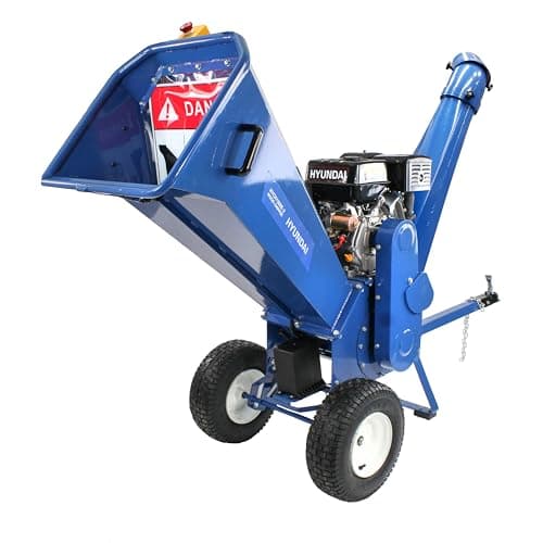 Image of Hyundai Petrol Wood Chipper, Self-feeding Garden Shredder Mulcher, 420cc, 14hp, 4-Stroke, Wheeled with 10cm Chipping Capacity, 180-degree rotatable chute & 3 Year Warranty