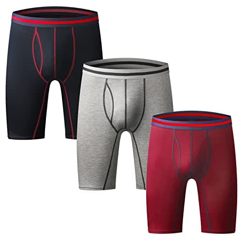 Image of Nuofengkudu Mens Long Leg Boxer Shorts Large Underpants Stretch Anti Chafing Cotton Longer Legged Trunks Briefs Fly Pouch Waistband Breathable Soft Sports Underwear 3 Pack Red Grey Blue 5XL