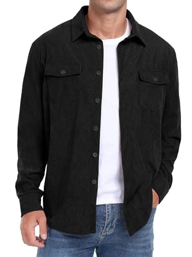 Image of QIXING Men's Corduroy Button Down Shirts Long Sleeve Shacket Trucker Jacket Autumn Winter Coats with Flap Pockets (Black, XL)
