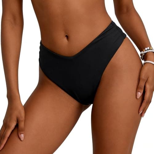 Image of Fjquamitix Women V Cut Bikini Bottoms Women Middle Waisted Swimwear High Cut Bathing Suit Swimsuit Brief (UK, Alpha, S, Regular, Regular, Black)