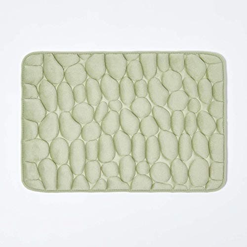 Image of HOMESCAPES Memory Foam Sage Green Bath Mat Non Slip 40 x 60 cm Pebble Design Soft Velvet Surface Anti Slip Rubber Backing Machine Washable Shower Mat