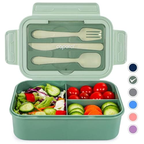 Image of Caperci Classic Bento Box Adult Lunch Box for Older Kids - Leakpoof 47 oz 3-Compartment Lunch Containers for Adults and Teens, Built-in Utensil Set, Ideal for On-the-Go Balanced Eating,Khaki Green