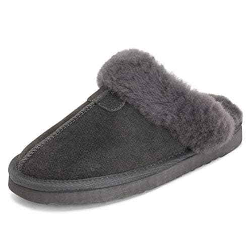 Image of Polar Women’s Suede Winter Mules Slippers - Warm Faux Sheepskin Lining, Australian Style - Indoor House Shoes with Non-Slip Sole - Grey - UK 5