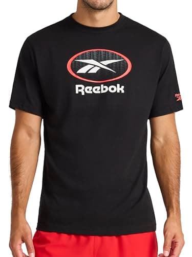 Image of Reebok Mens Short Sleeve Graphic Crewneck T-Shirt, Standard Fit, Lightweight Cotton-Poly Fabric, Black - Vertigo, Large