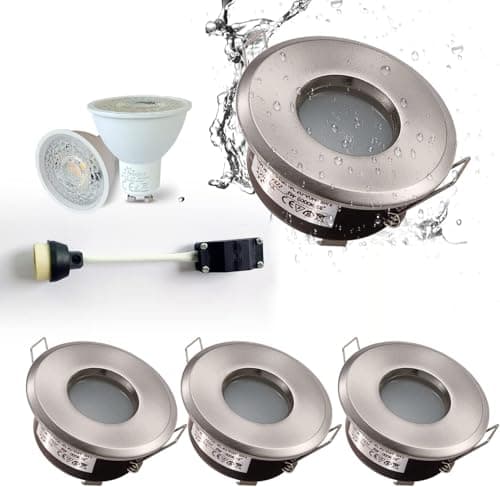 Image of 4XSweier Waterproof Bathroom Lights Ceiling Recessed IP65, 5W Cool White 6000K for Bathroom and Kitchen LED Ceiling Spotlights (Incl. GU10 lamp Holder) Satin Nickel Downlight Cutout 68mm
