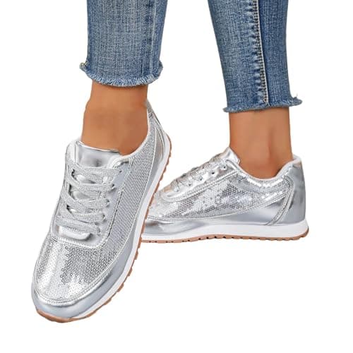 Image of Sequin Shoes For Women Uk Non Slip Comfortable Shoe Casual Lace Up Sport Sneakers Breathabl Ladies Running Shoes For Wedding Party Dancing Round Toe Gym Sneakers For Outdoor Glitter Trainers