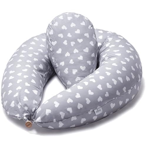Image of Niimo XXL+ Pregnancy Pillow & Nursing Pillow - PLUS Pregnancy Sleeping Wedge, 100% Cotton Cover, 100% Machine-Washable, Grey with White Hearts (200 x 70 cm)