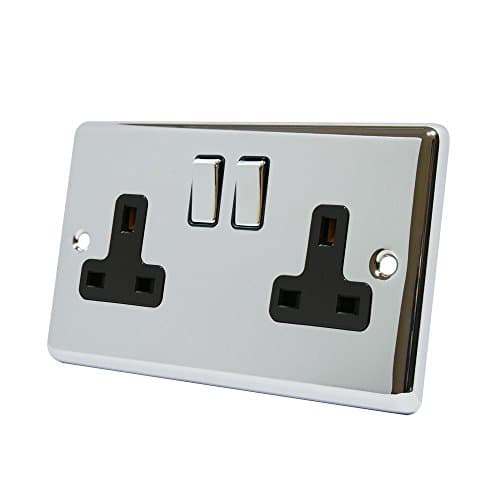 Image of AET CPC2GSOCBC 13 A 2-Gang Polished Chrome Classical Double Plug Socket with Black Insert Metal Rocker Switches