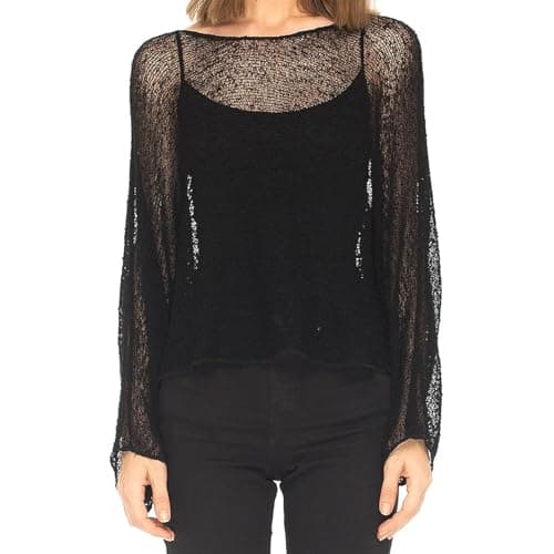Image of Lxootd Women's Y2K Knit Cover-up See Through Irregular Loose Pullover Summer Beach Tops (Black, One Size)