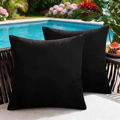Image of Black Cushions Covers 50cm x 50cm Outdoor Cushions Waterproof Decorative Pillows Cover Solid Color Soft Square Pillowcase Decorative for Patio, Tent, Garden, Balcony, Couch, Sofa and Bed, Set of 2