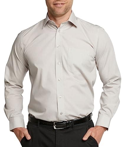 Image of Double TWO - Men’s Dress Shirt – Premium, Easy-Care, Non-Iron Dress Shirt, Classic Fit, Long Sleeve Business Shirt with Pocket - Stone, 15.5in Collar