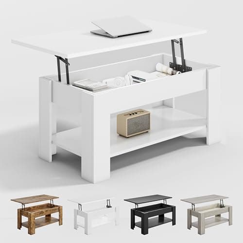 Image of mcc direct Lift-Top Coffee Table with Hidden Storage & Open Shelf – Versatile Wooden Tea Table for Living Room or Reception (White)