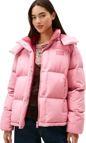 Image of Tommy Jeans Women's Alaska Grid Down Puffer Jacket with Hood, Pink (Mystic Pink), M